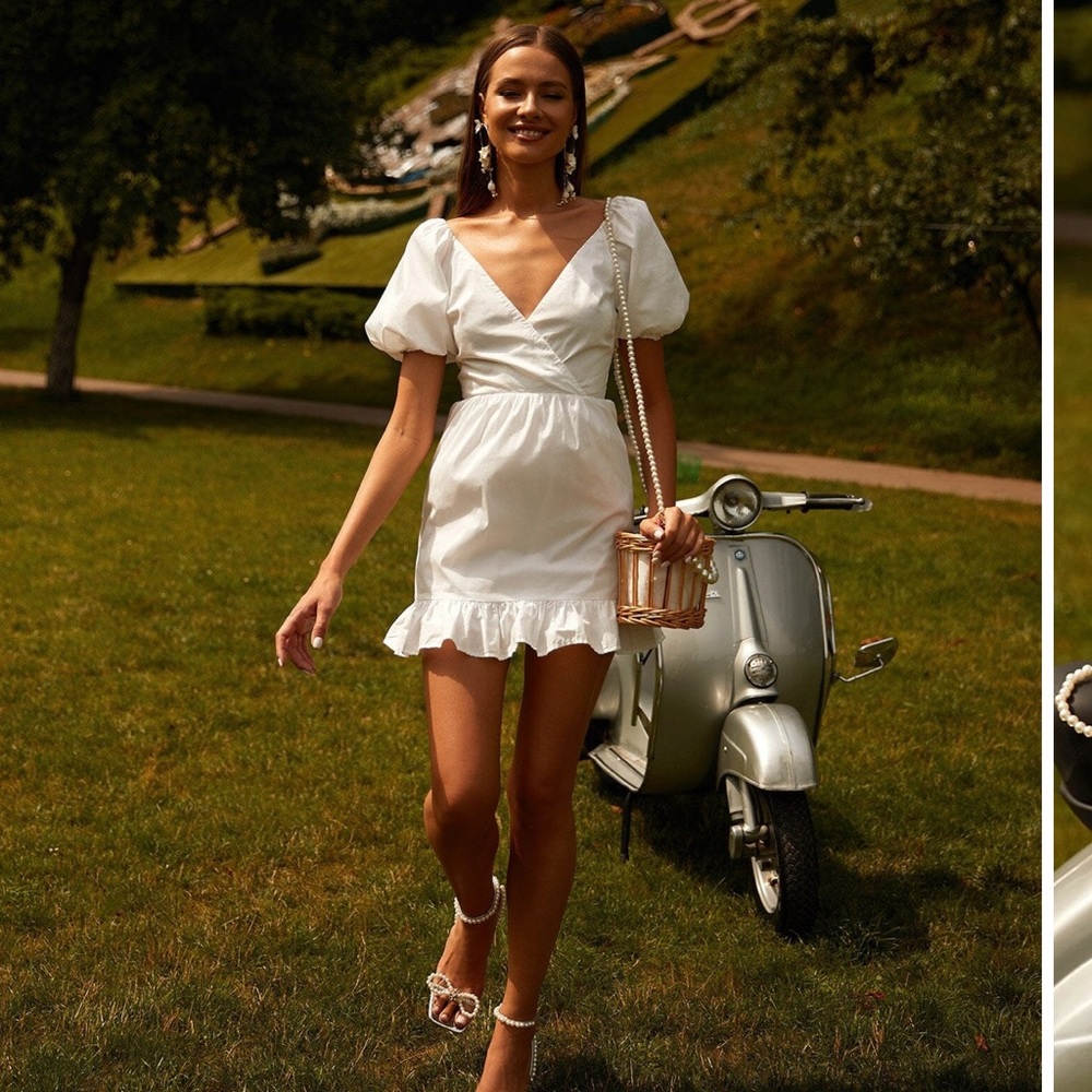 Alamour the label white mini dress puff sleeve NWT